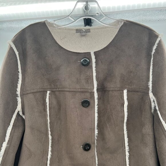 J.Jill Faux Suede Coat Faux Fur Lining Button Up Brown/Cream Size Medium - Picture 2 of 9